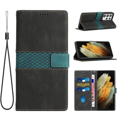 Grid Stitching Leather Phone Case with Lanyard, For Samsung Galaxy S21 Ultra 5G