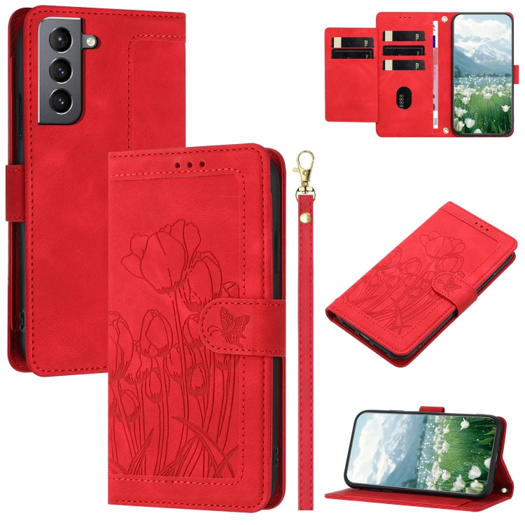 Tulips Embossed Leather Phone Case with Lanyard, For Samsung Galaxy S22+ 5G, For Samsung Galaxy S22 5G, For Samsung Galaxy S21 FE 5G, For Samsung Galaxy S21 5G