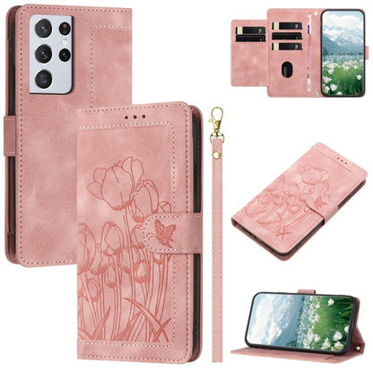 Tulips Embossed Leather Phone Case with Lanyard, For Samsung Galaxy S21 FE 5G, For Samsung Galaxy S21 5G, For Samsung Galaxy S21+ 5G, For Samsung Galaxy S21 Ultra 5G