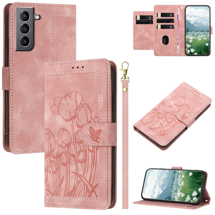 Tulips Embossed Leather Phone Case with Lanyard, For Samsung Galaxy S21 FE 5G, For Samsung Galaxy S21 5G, For Samsung Galaxy S21+ 5G, For Samsung Galaxy S21 Ultra 5G