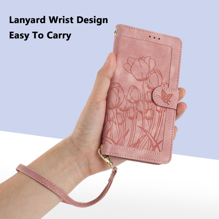 Tulips Embossed Leather Phone Case with Lanyard, For Samsung Galaxy S21 FE 5G, For Samsung Galaxy S21 5G, For Samsung Galaxy S21+ 5G, For Samsung Galaxy S21 Ultra 5G