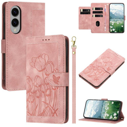 Tulips Embossed Leather Phone Case with Lanyard, For Samsung Galaxy S26 5G, For Samsung Galaxy S25 FE 5G, For Samsung Galaxy S25 Edge 5G, For Samsung Galaxy S25 5G