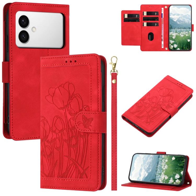 Tulips Embossed Leather Phone Case with Lanyard, For Samsung Galaxy S26 FE 5G, For Samsung Galaxy S26+ 5G, For Samsung Galaxy S26 Edge 5G, For Samsung Galaxy S26 Ultra 5G