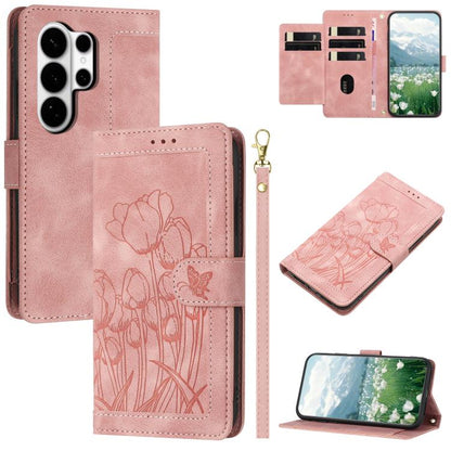 Tulips Embossed Leather Phone Case with Lanyard, For Samsung Galaxy S26+ 5G, For Samsung Galaxy S26 Edge 5G, For Samsung Galaxy S26 Ultra 5G, For Samsung Galaxy S26 5G