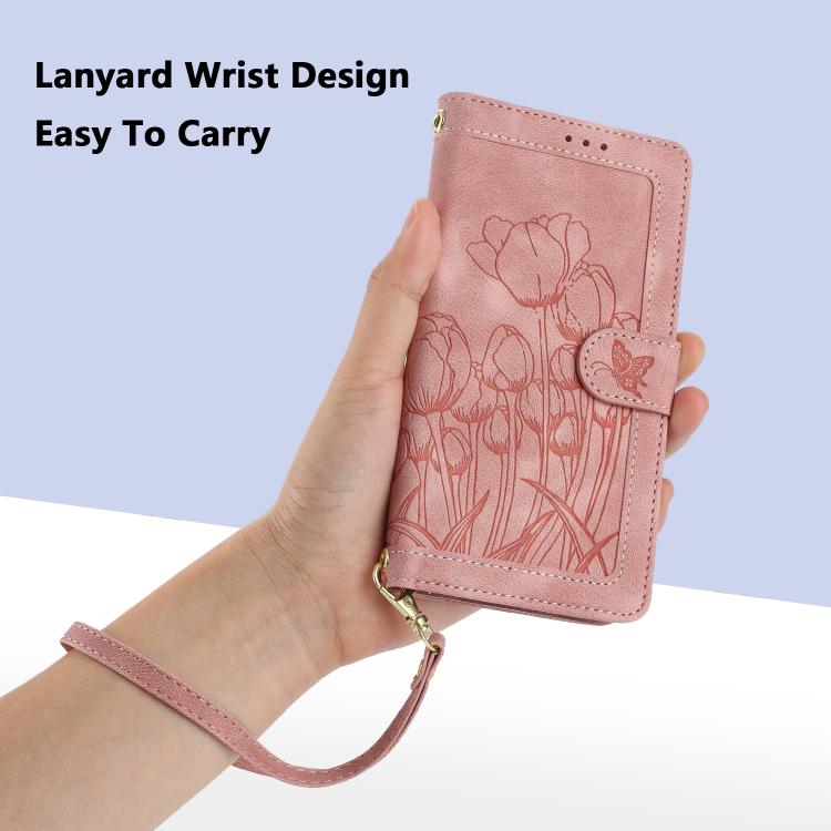 Tulips Embossed Leather Phone Case with Lanyard, For Samsung Galaxy S26 5G, For Samsung Galaxy S25 FE 5G, For Samsung Galaxy S25 Edge 5G, For Samsung Galaxy S25 5G