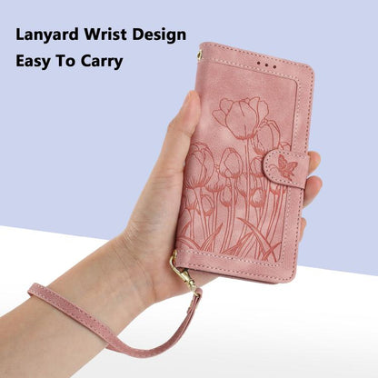 Tulips Embossed Leather Phone Case with Lanyard, For Samsung Galaxy S26 5G, For Samsung Galaxy S25 FE 5G, For Samsung Galaxy S25 Edge 5G, For Samsung Galaxy S25 5G