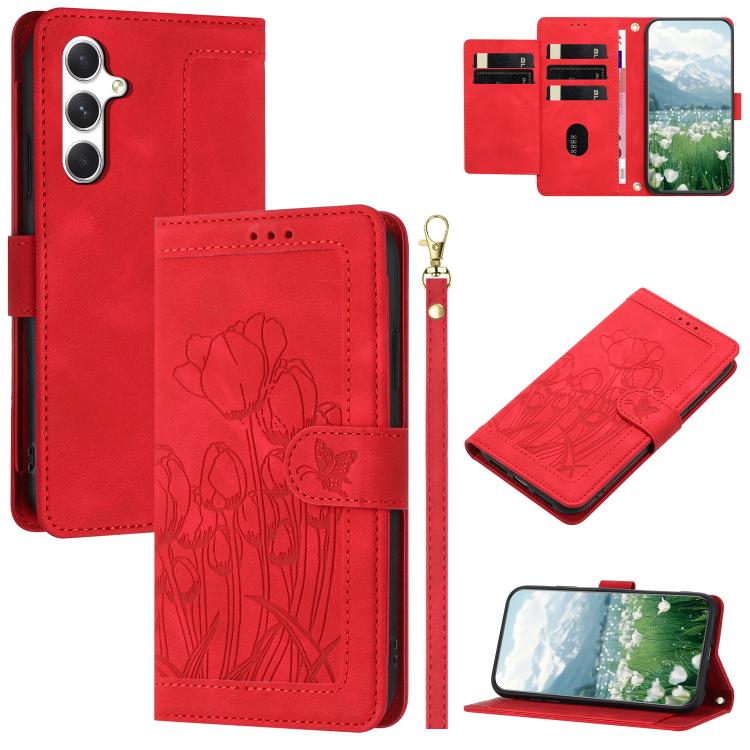 Tulips Embossed Leather Phone Case with Lanyard, For Samsung Galaxy S26+ 5G, For Samsung Galaxy S26 Edge 5G, For Samsung Galaxy S26 Ultra 5G, For Samsung Galaxy S26 5G