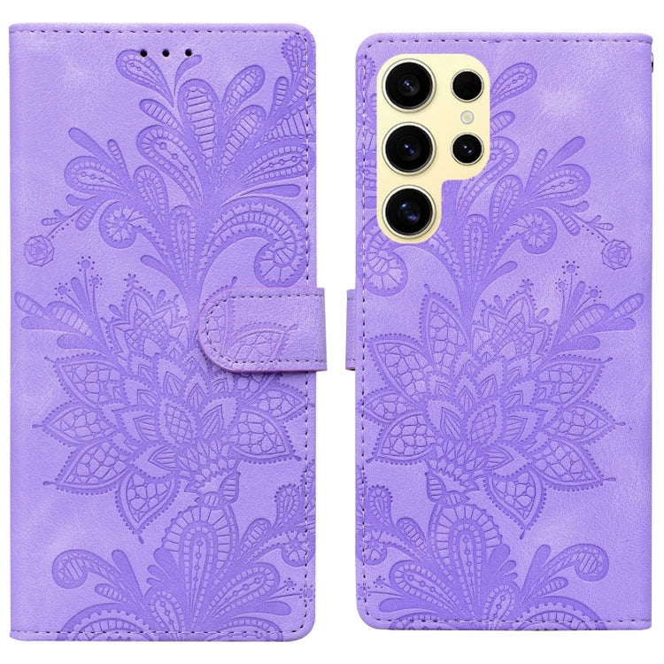 Lace Floral Embossed Magnetic Buckle PU Phone Case With Wrist Strap, For Samsung Galaxy S25 5G, For Samsung Galaxy S25+ 5G, For Samsung Galaxy S25 Ultra 5G, For Samsung Galaxy S24 Ultra 5G