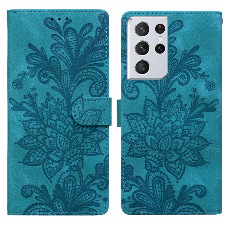 Lace Floral Embossed Magnetic Buckle PU Phone Case With Wrist Strap, For Samsung Galaxy S21 Ultra 5G