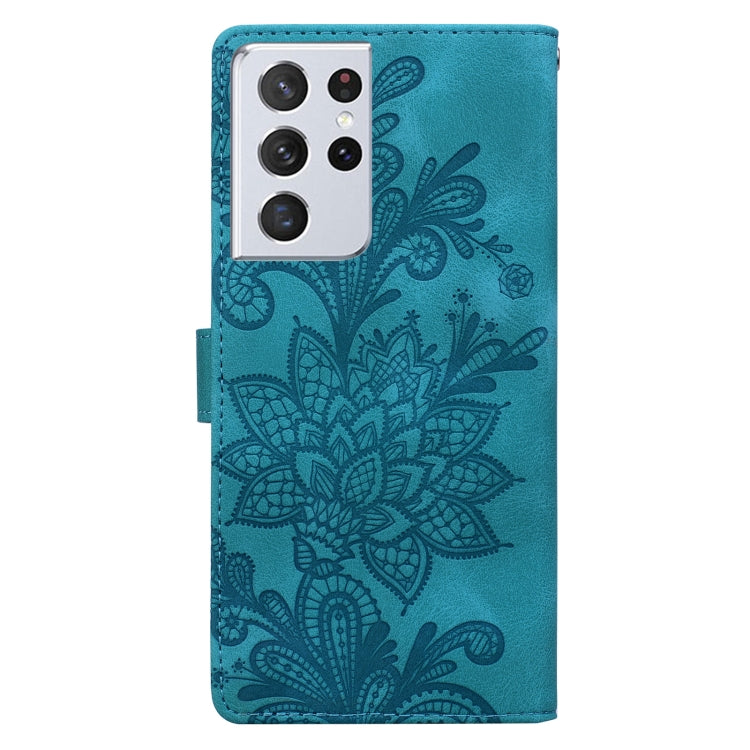 Lace Floral Embossed Magnetic Buckle PU Phone Case With Wrist Strap, For Samsung Galaxy S21 Ultra 5G