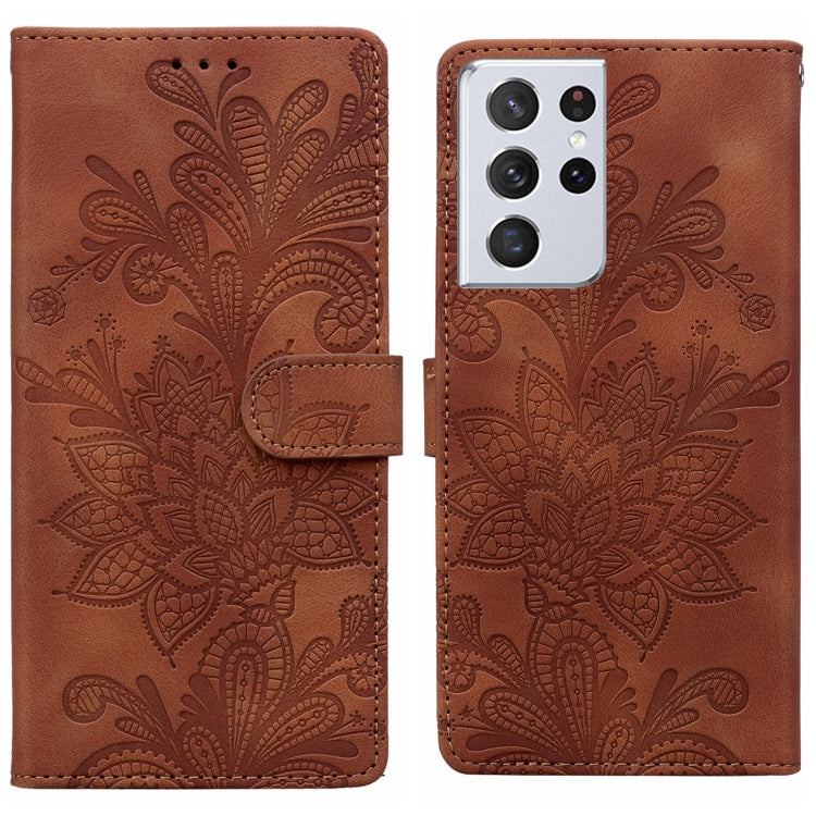Lace Floral Embossed Magnetic Buckle PU Phone Case With Wrist Strap, For Samsung Galaxy S21 Ultra 5G