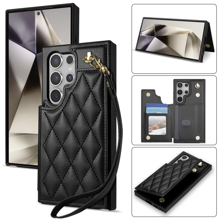 Rhombic Dual Buckle Card Slots Phone Case with Lanyard, For Samsung Galaxy S25 5G, For Samsung Galaxy S25+ 5G, For Samsung Galaxy S25 Ultra 5G, For Samsung Galaxy S24 FE 5G