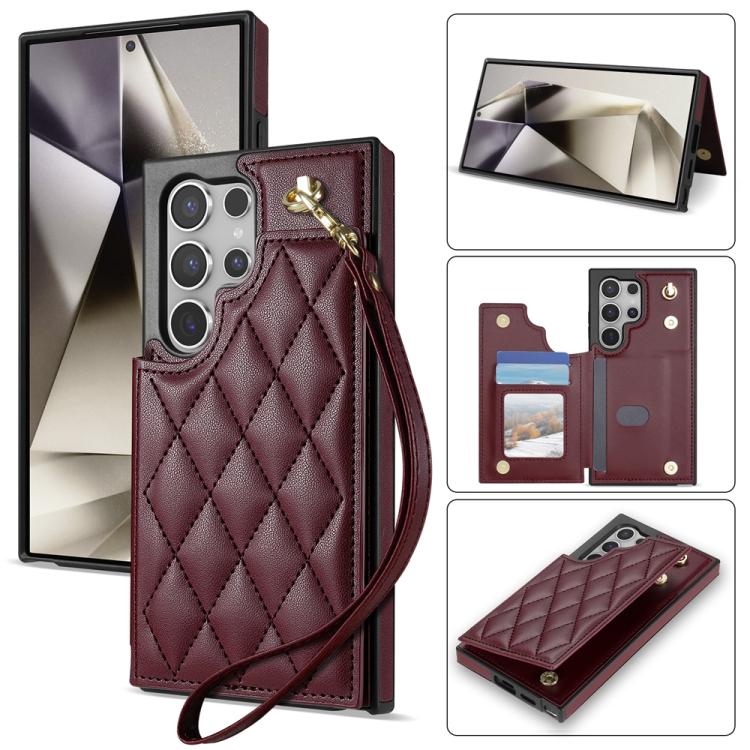 Rhombic Dual Buckle Card Slots Phone Case with Lanyard, For Samsung Galaxy S25 5G, For Samsung Galaxy S25+ 5G, For Samsung Galaxy S25 Ultra 5G, For Samsung Galaxy S24 FE 5G