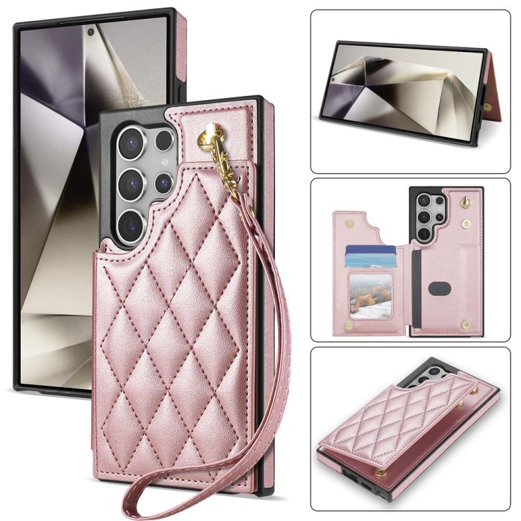 Rhombic Dual Buckle Card Slots Phone Case with Lanyard, For Samsung Galaxy S25 5G, For Samsung Galaxy S25+ 5G, For Samsung Galaxy S25 Ultra 5G, For Samsung Galaxy S24 FE 5G