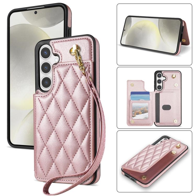 Rhombic Dual Buckle Card Slots Phone Case with Lanyard, For Samsung Galaxy S25 5G, For Samsung Galaxy S25+ 5G, For Samsung Galaxy S25 Ultra 5G, For Samsung Galaxy S24 FE 5G