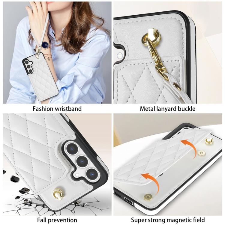 Rhombic Dual Buckle Card Slots Phone Case with Lanyard, For Samsung Galaxy S25 5G, For Samsung Galaxy S25+ 5G, For Samsung Galaxy S25 Ultra 5G, For Samsung Galaxy S24 FE 5G