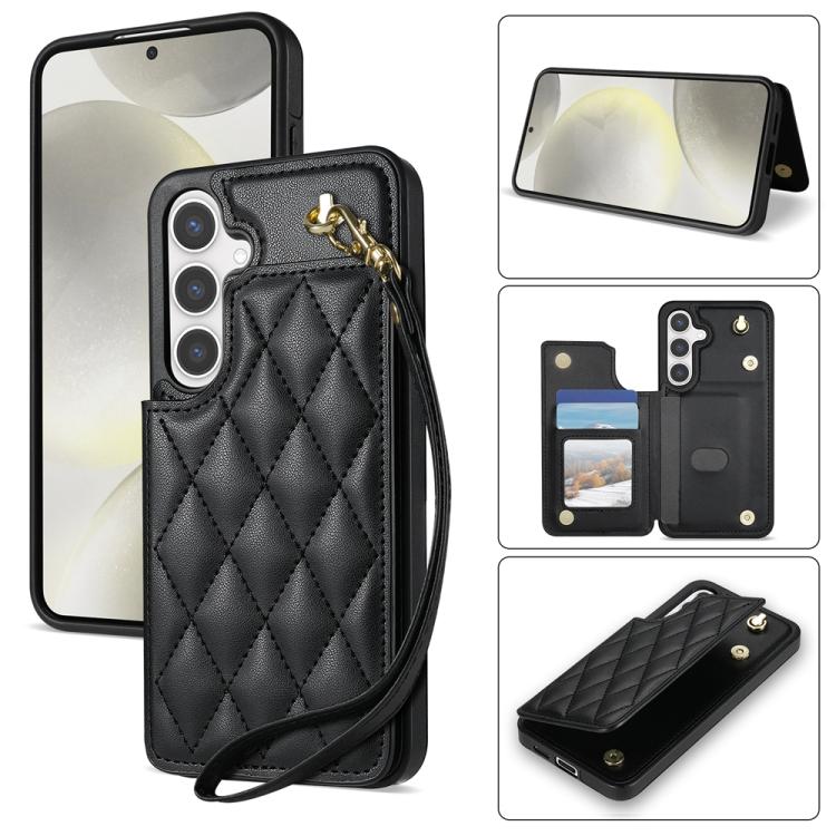 Rhombic Dual Buckle Card Slots Phone Case with Lanyard, For Samsung Galaxy S25 5G, For Samsung Galaxy S25+ 5G, For Samsung Galaxy S25 Ultra 5G, For Samsung Galaxy S24 FE 5G