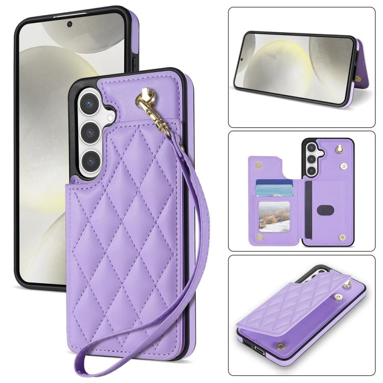 Rhombic Dual Buckle Card Slots Phone Case with Lanyard, For Samsung Galaxy S25 5G, For Samsung Galaxy S25+ 5G, For Samsung Galaxy S25 Ultra 5G, For Samsung Galaxy S24 FE 5G