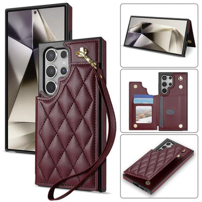 Rhombic Dual Buckle Card Slots Phone Case with Lanyard, For Samsung Galaxy S23 Ultra 5G, For Samsung Galaxy S23+ 5G, For Samsung Galaxy S23 5G, For Samsung Galaxy S22 Ultra 5G