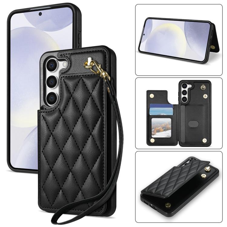 Rhombic Dual Buckle Card Slots Phone Case with Lanyard, For Samsung Galaxy S23 Ultra 5G, For Samsung Galaxy S23+ 5G, For Samsung Galaxy S23 5G, For Samsung Galaxy S22 Ultra 5G