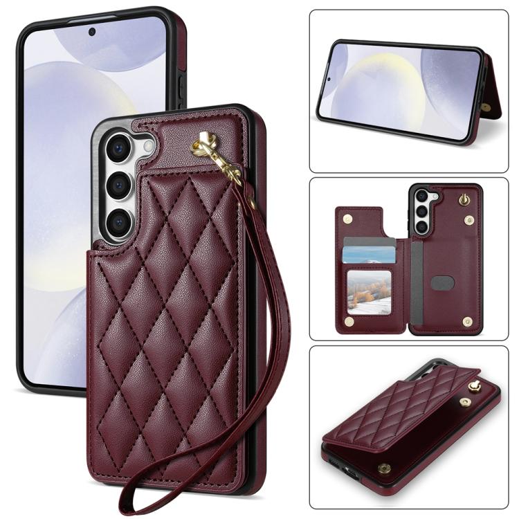 Rhombic Dual Buckle Card Slots Phone Case with Lanyard, For Samsung Galaxy S23 Ultra 5G, For Samsung Galaxy S23+ 5G, For Samsung Galaxy S23 5G, For Samsung Galaxy S22 Ultra 5G