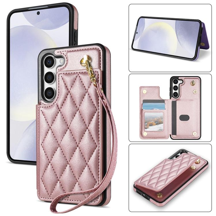 Rhombic Dual Buckle Card Slots Phone Case with Lanyard, For Samsung Galaxy S23 Ultra 5G, For Samsung Galaxy S23+ 5G, For Samsung Galaxy S23 5G, For Samsung Galaxy S22 Ultra 5G