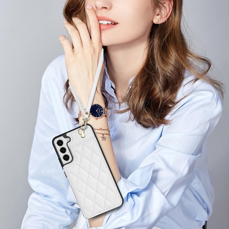 Rhombic Dual Buckle Card Slots Phone Case with Lanyard, For Samsung Galaxy S22+ 5G, For Samsung Galaxy S22 5G, For Samsung Galaxy S21 5G, For Samsung Galaxy S21+ 5G