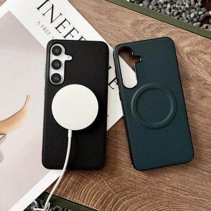 Magsafe Magnetic Plain Leather Phone Case, For Samsung Galaxy S25 5G, For Samsung Galaxy S25+ 5G, For Samsung Galaxy S25 Ultra 5G