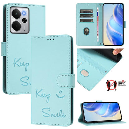 Smile Embossing RFID Leather Phone Case, For Realme 14x Global / V70 5G / C75 5G, For Realme Narzo 80 Pro / 14 Pro 5G India, For Realme 14 5G / 14T 5G Global, For Realme P3 Ultra 5G