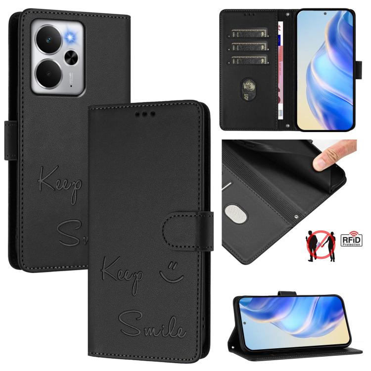 Smile Embossing RFID Leather Phone Case, For Realme 14x Global / V70 5G / C75 5G, For Realme Narzo 80 Pro / 14 Pro 5G India, For Realme 14 5G / 14T 5G Global, For Realme P3 Ultra 5G