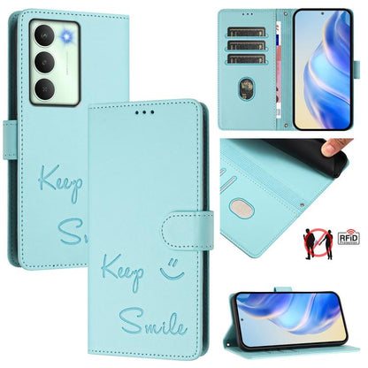Smile Embossing RFID Leather Phone Case, For Realme 14x Global / V70 5G / C75 5G, For Realme Narzo 80 Pro / 14 Pro 5G India, For Realme 14 5G / 14T 5G Global, For Realme P3 Ultra 5G