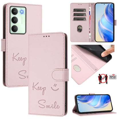 Smile Embossing RFID Leather Phone Case, For Realme 14x Global / V70 5G / C75 5G, For Realme Narzo 80 Pro / 14 Pro 5G India, For Realme 14 5G / 14T 5G Global, For Realme P3 Ultra 5G