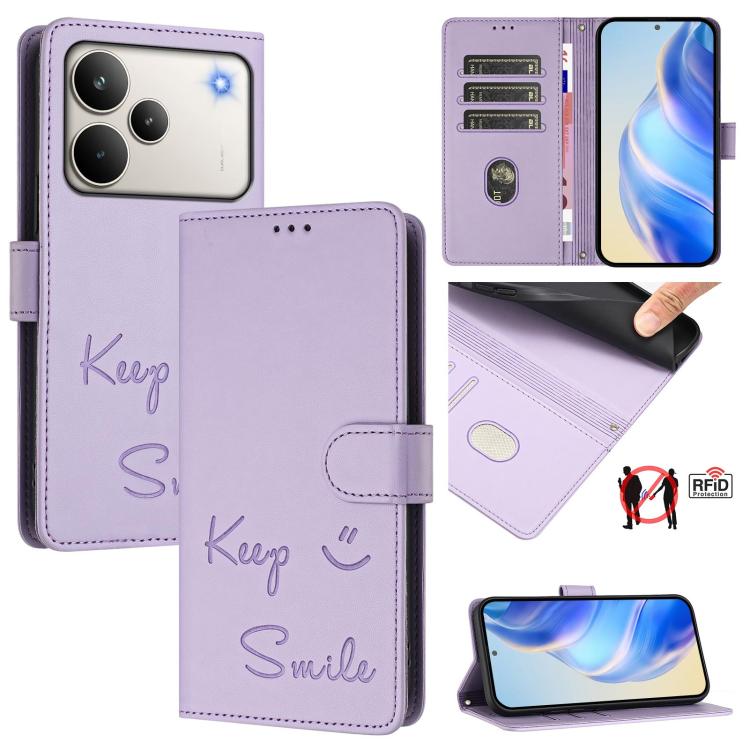 Smile Embossing RFID Leather Phone Case, For Realme 16 Pro 5G Global, For Realme C71 4G India / Note 70 4G, For Realme C85 5G / 15x 5G India, For Realme P4 Pro 5G