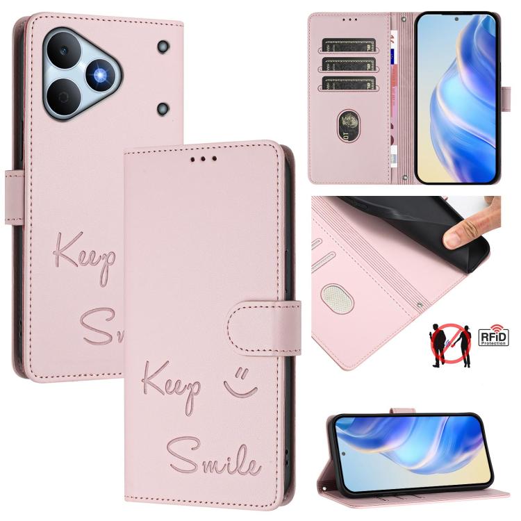 Smile Embossing RFID Leather Phone Case, For Realme Note 80 4G Global, For Realme C83 5G India, For Realme 16 5G Global, For Realme 16 Pro+ 5G Global