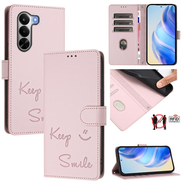 Smile Embossing RFID Leather Phone Case, For Realme P4x 5G / OnePlus Nord CE6 Lite, For Realme 16T 5G Global, For Realme C100 5G, For Realme P4 Power 5G