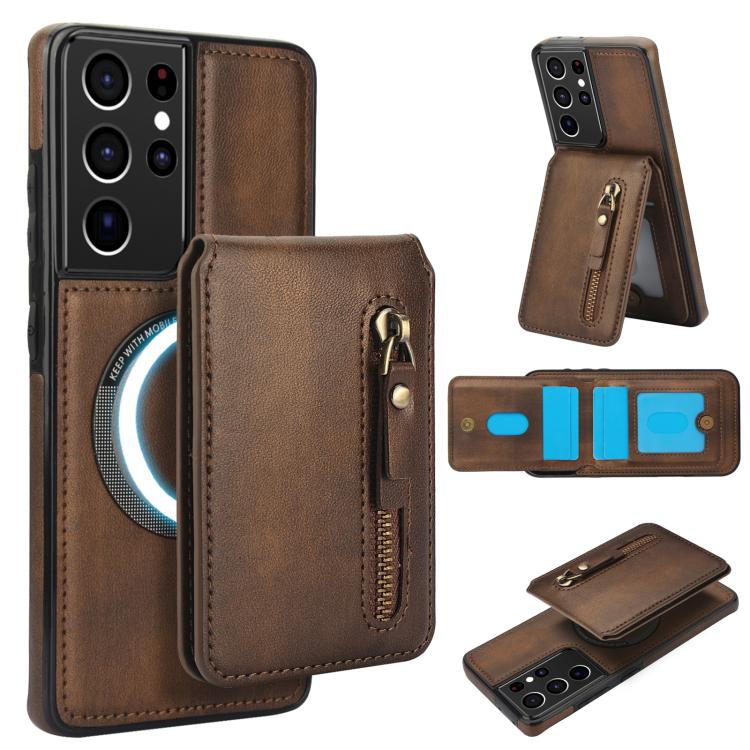 Zipper Wallet Split MagSafe Leather Back Phone Case, For Samsung Galaxy S21 5G, For Samsung Galaxy S21+ 5G, For Samsung Galaxy S21 Ultra 5G
