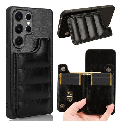 Cow Pattern Sewing Card Bag Phone Case, For Samsung Galaxy S25 5G, For Samsung Galaxy S25+ 5G, For Samsung Galaxy S25 Ultra 5G