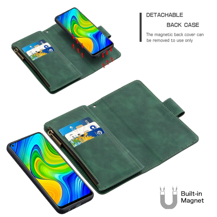 Skin Feel Detachable Magnetic Zipper Horizontal Flip PU Leather Case with Multi-Card Slots & Holder & Wallet & Photo Frame & Lanyard, For Xiaomi Redmi Note 9