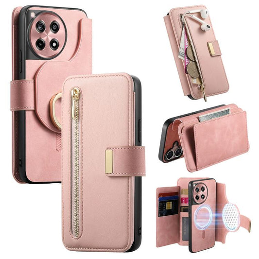 Ring Zipper Wallet RFID Blocking MagSafe Leather Phone Case, For OnePlus 12R  5G / Ace 3