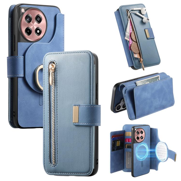 Ring Zipper Wallet RFID Blocking MagSafe Leather Phone Case, For OnePlus 12R  5G / Ace 3
