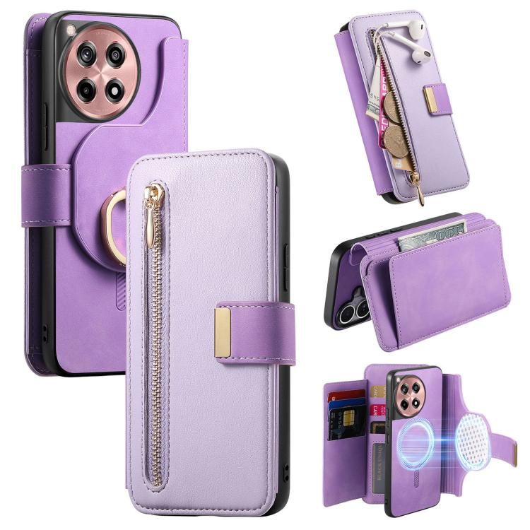 Ring Zipper Wallet RFID Blocking MagSafe Leather Phone Case, For OnePlus 12R  5G / Ace 3