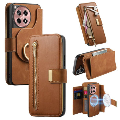 Ring Zipper Wallet RFID Blocking MagSafe Leather Phone Case, For OnePlus 12R  5G / Ace 3