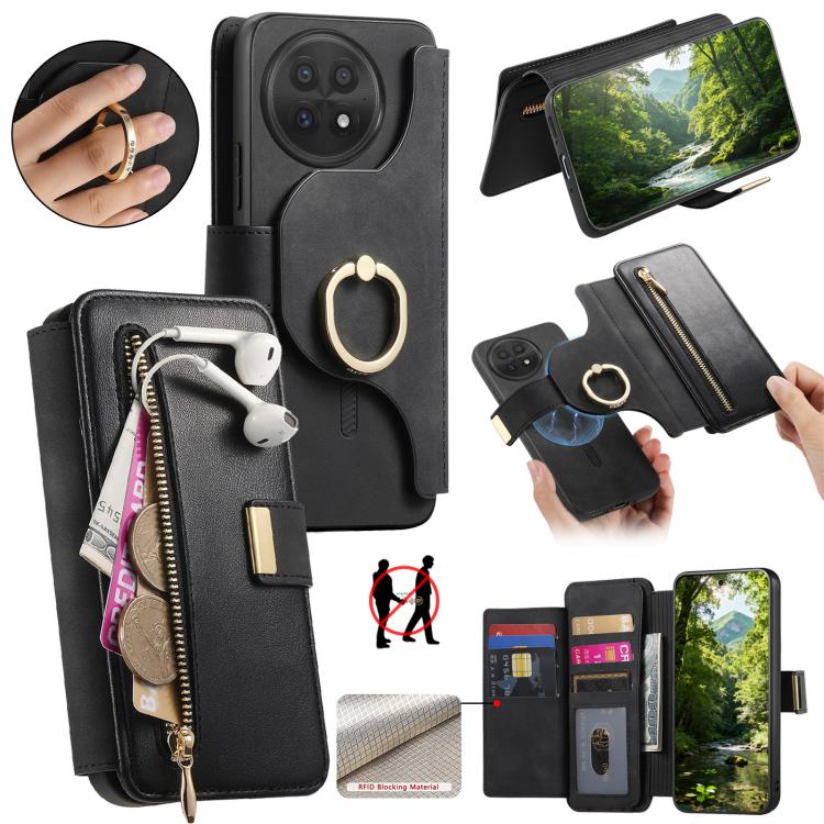 Ring Zipper Wallet RFID Blocking MagSafe Leather Phone Case, For OnePlus 15T, For OnePlus Ace 5 / 5 Pro, For OnePlus 13