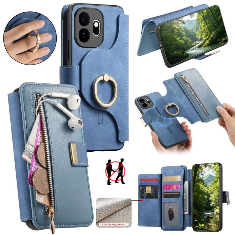 Ring Zipper Wallet RFID Blocking MagSafe Leather Phone Case, For OnePlus 15T, For OnePlus Ace 5 / 5 Pro, For OnePlus 13