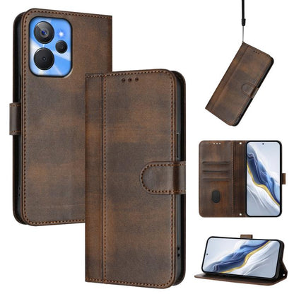 Line Splicing Buckle Retro Leather Phone Case, For Realme C33 2023 / 2022, For Realme 10T 5G / 10s 5G / 9i 5G Indian, For Realme GT3 5G / GT Neo 5 240W