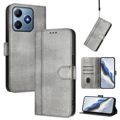 Line Splicing Buckle Retro Leather Phone Case, For Realme 13 4G / 12 4G / P1 5G Global, For Realme C61 4G / C63 4G Global, For Realme 13+ 5G Global