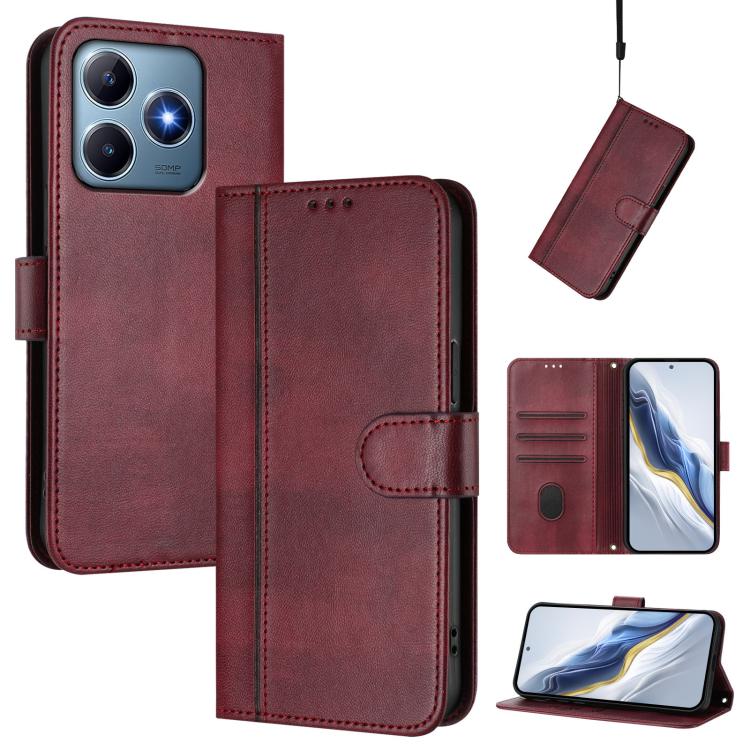 Line Splicing Buckle Retro Leather Phone Case, For Realme 13 4G / 12 4G / P1 5G Global, For Realme C61 4G / C63 4G Global, For Realme 13+ 5G Global