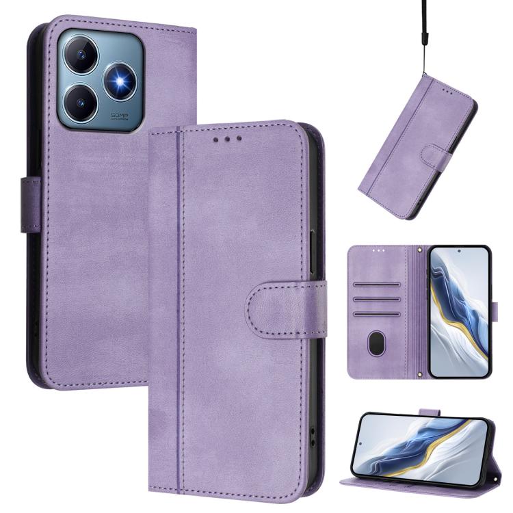 Line Splicing Buckle Retro Leather Phone Case, For Realme 13 4G / 12 4G / P1 5G Global, For Realme C61 4G / C63 4G Global, For Realme 13+ 5G Global