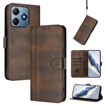 Line Splicing Buckle Retro Leather Phone Case, For Realme 13 4G / 12 4G / P1 5G Global, For Realme C61 4G / C63 4G Global, For Realme 13+ 5G Global