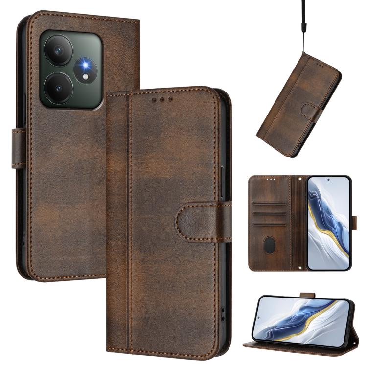 Line Splicing Buckle Retro Leather Phone Case, For Realme 13 Pro 5G / 13 Pro+ 5G Global, For Realme Note 60 4G Global / C61 4G India, For Realme GT 6 5G / GT 6T 5G Global